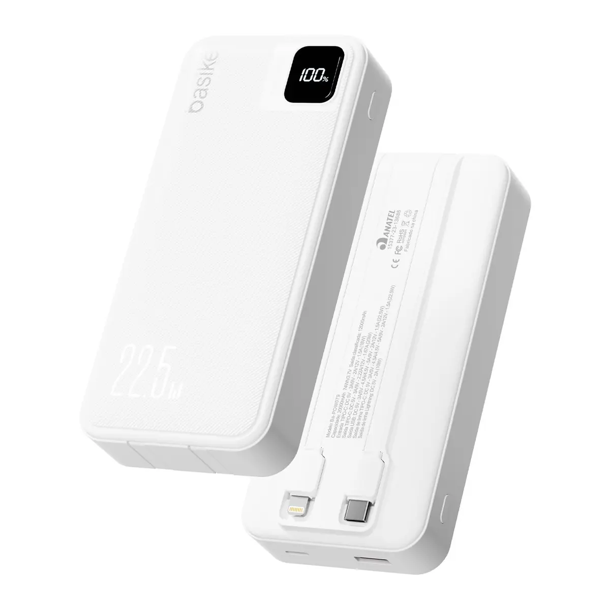 Basike Power Bank, Carregador Portátil Universal 20000mAh, Rápido 22,5W | 2 Cabos Integrados (USB-C, Lightning) Rápido, USB-A(até 22.5W)+USB-C(até PD20W), Led Indicador de Bateria, Branco - 1