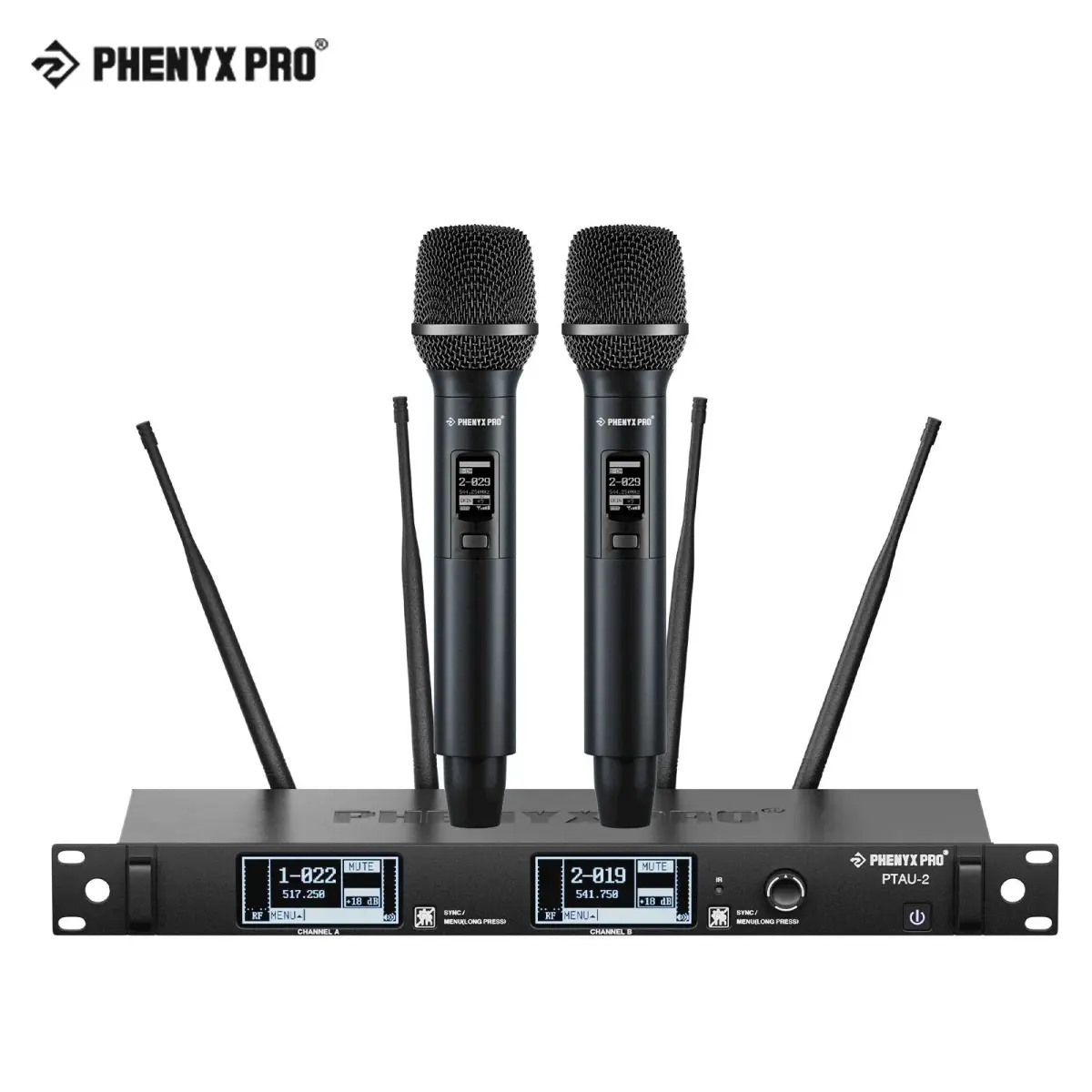 Sistema de microfone sem fio Phenyx Pro PTAU-2 True Diversity com bloqueio de identificação, varredura automática, microfones sem fio para DJ, karaokê