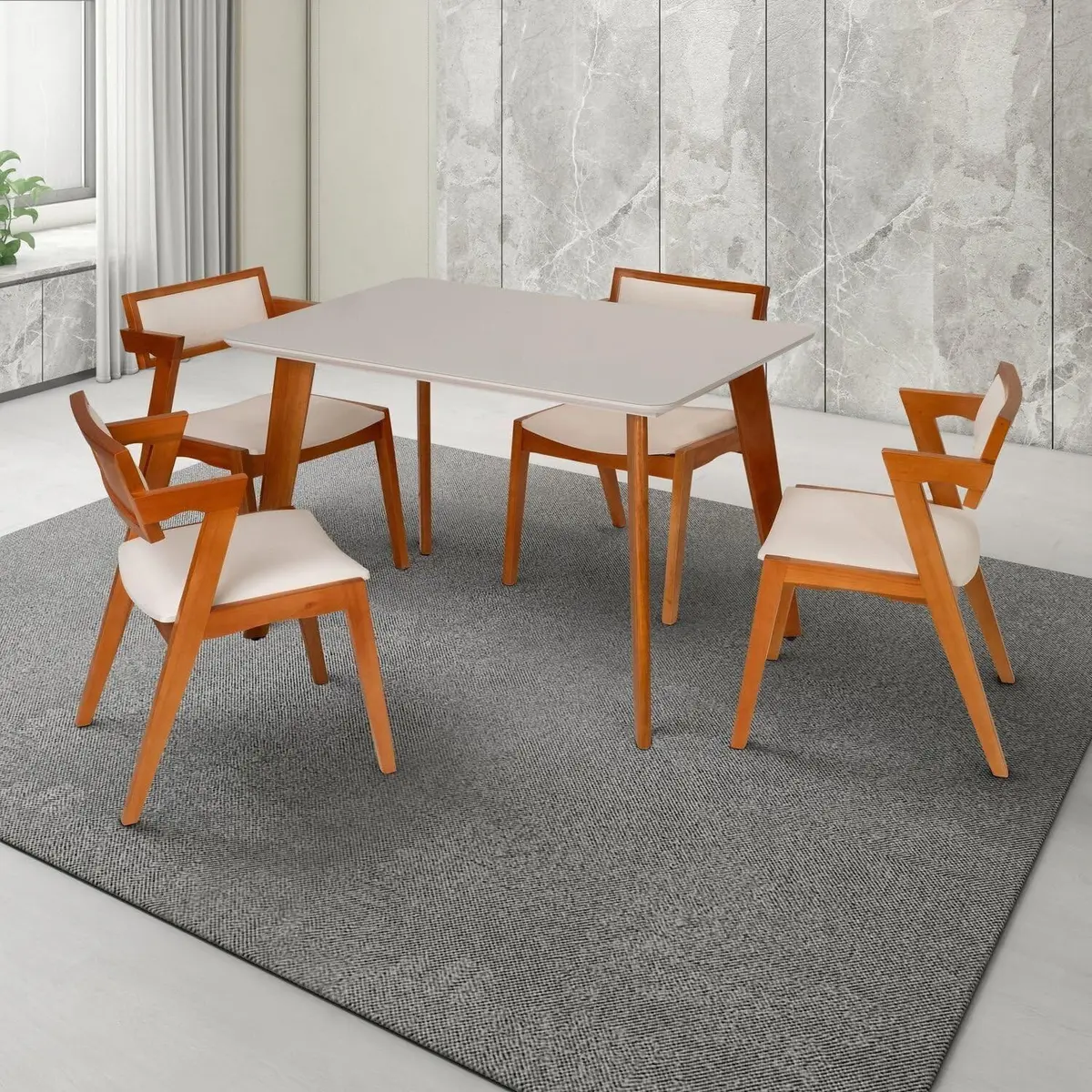Conjunto Mesa Verona com 4 Cadeiras Madeira Maciça e Estofada Ímola Espresso Móveis Champagnhe/Off White