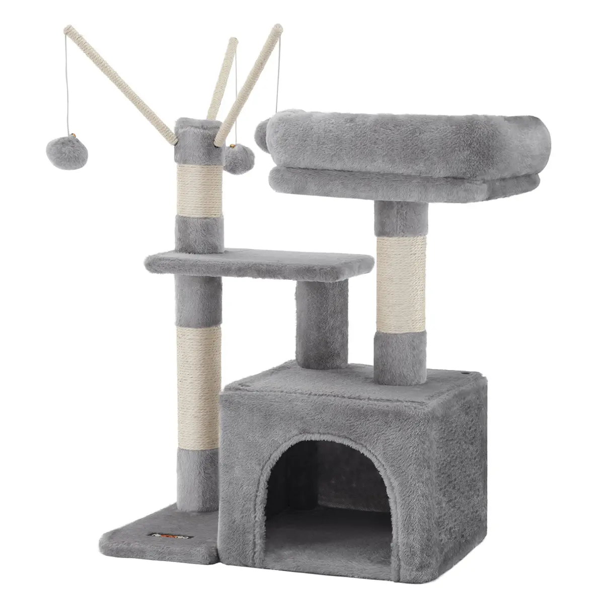 Feandrea Torre para Gato, Árvore com Poste de Sisal e Pelúcia Macia, Arranhador para Gatos com Caverna e Bolas, Cinza Claro, 52 x 33 x 72 cm, BRPCT121W01 - 1