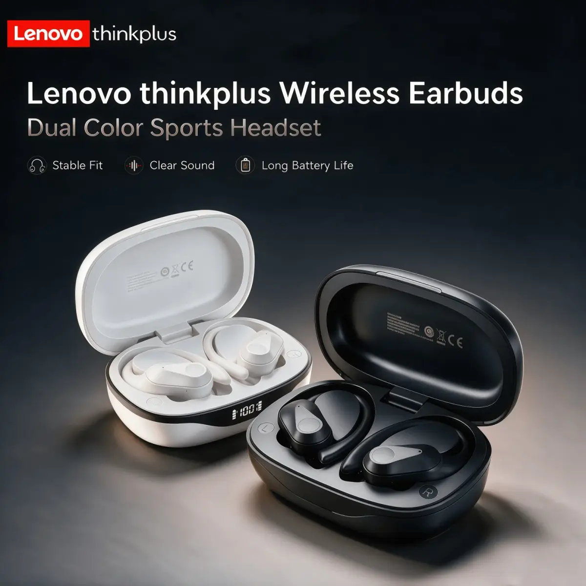 Lenovo LP75 Fones de ouvido esportivos sem fio com microfones, controle de botão, display de energia LED, som estéreo de alta fidelidade Bluetooth 5.3 TWS Fones de ouvido