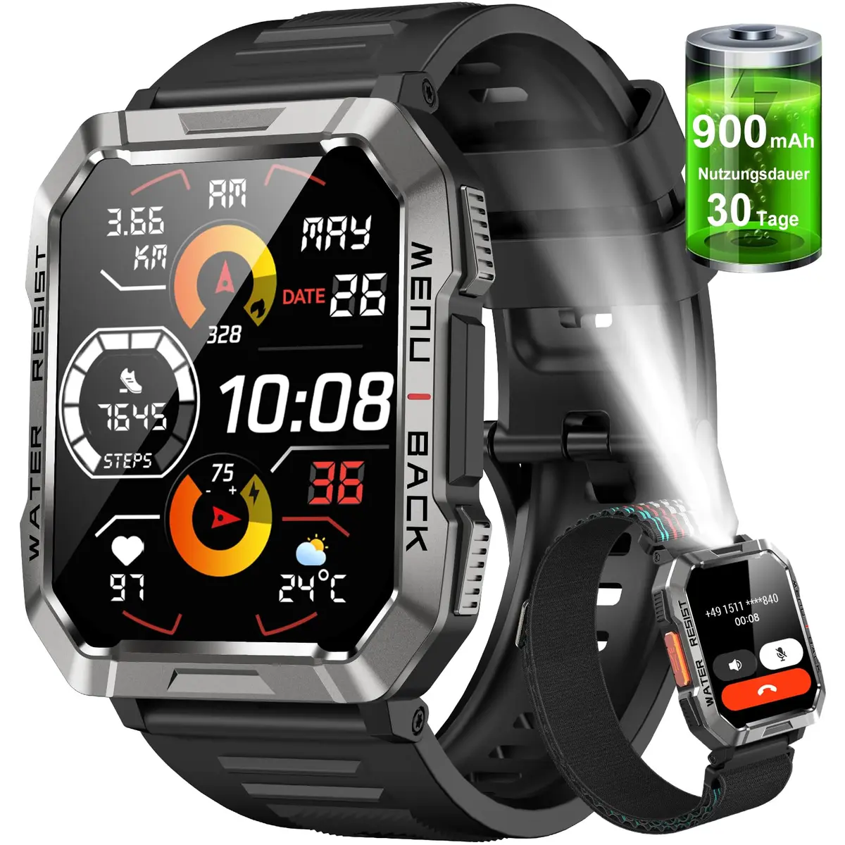 Smartwatch,Relógio Inteligente Militar Masculino,My Watch de Chamadas Bluetooth,Bateria de 100 dias,Lanterna, Rastreamento de passos,Esportes ao ar Livre Smart Watch(Preto)