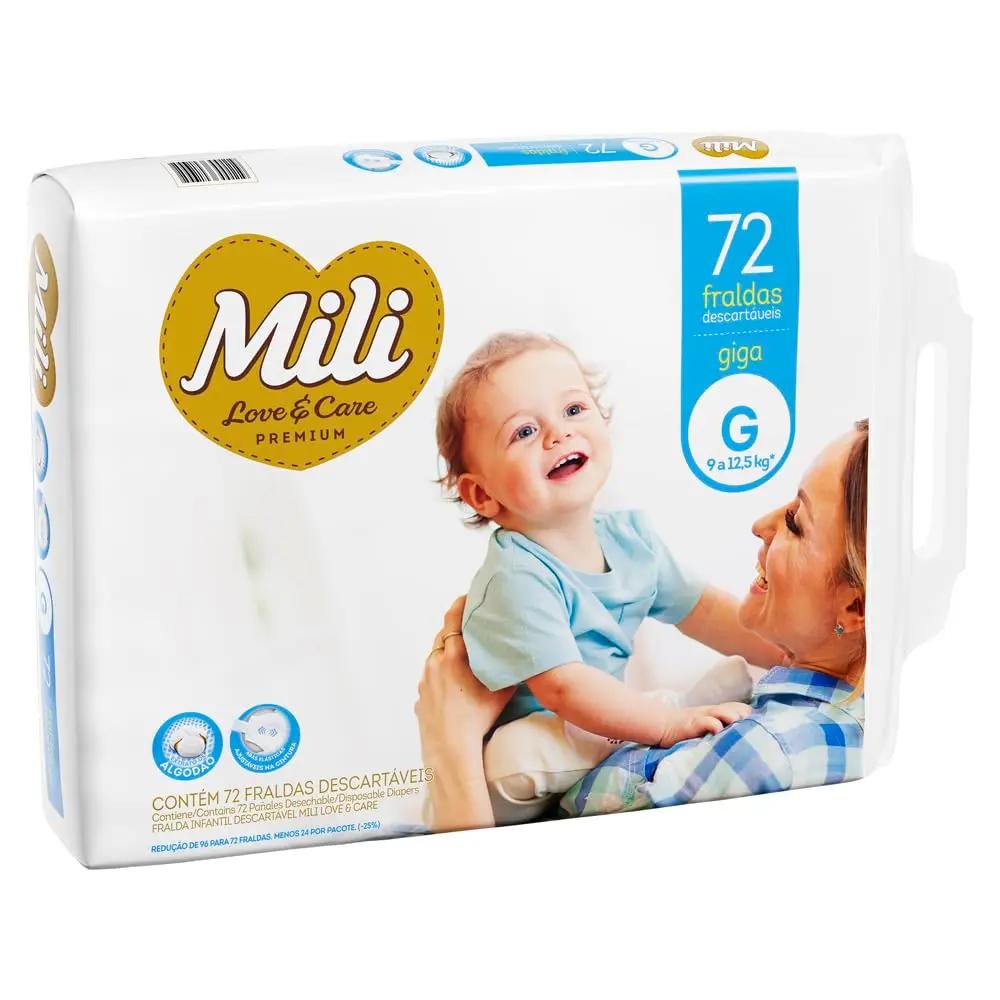 Mili Fralda Infantil Love & Care Tamanho G, Alta Absorção, Ajuste Confortável, 72 Unidades