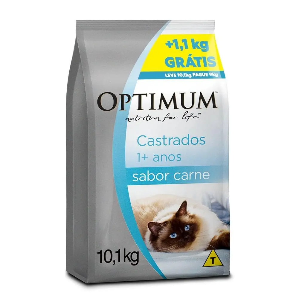Ração Optimum para Gatos Adultos Castrados Sabor Carne 10,1kg - LEVE 10KG PAGUE 9KG