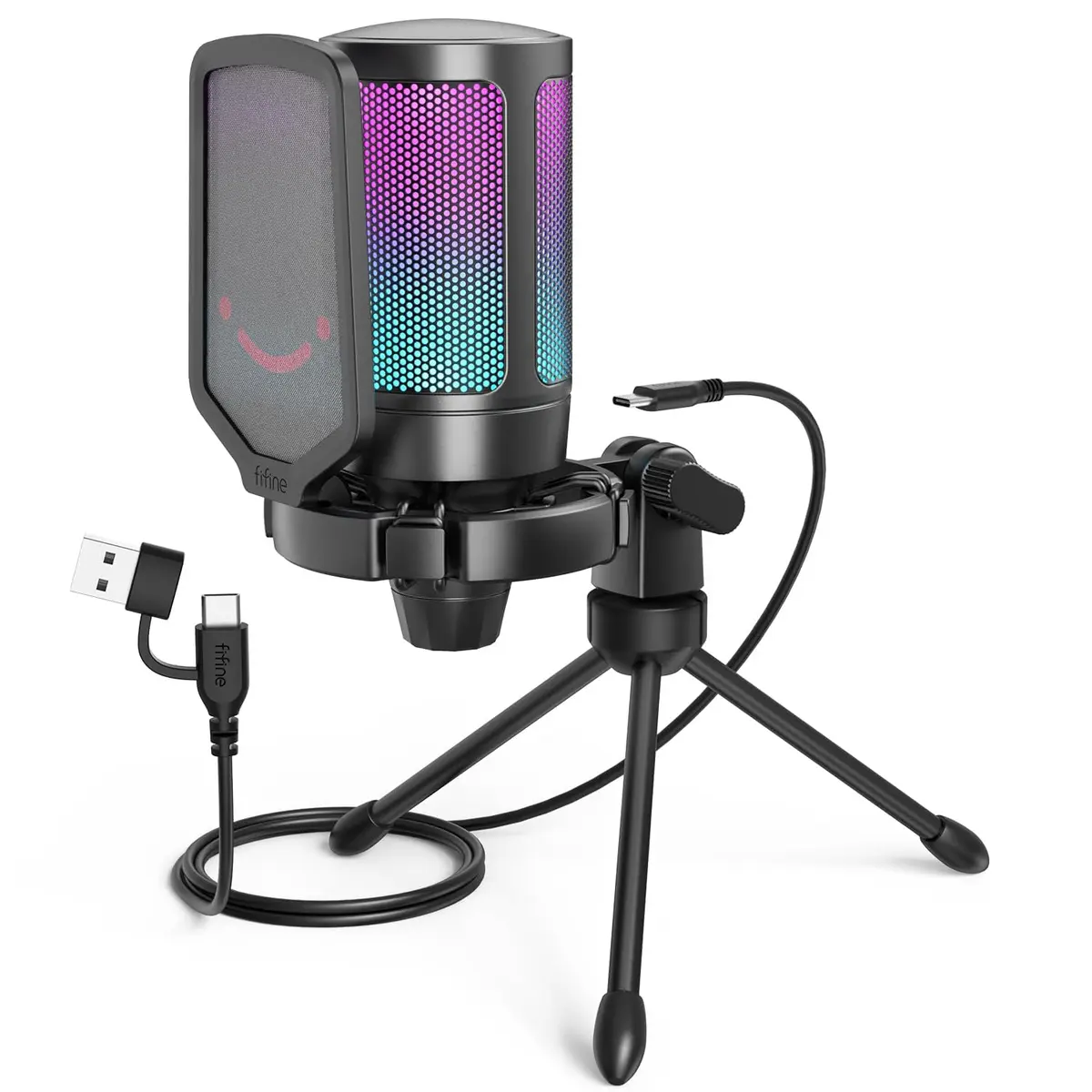 FIFINE A6V Microfone USB Para Jogos Para PS5 PC Para Twitch Podcasts | Microfone Condensador Com Mudo Rápido, Indicador RGB, Suporte De Tripé, Pop Filter, Suporte De Choque, Controle De Ganho