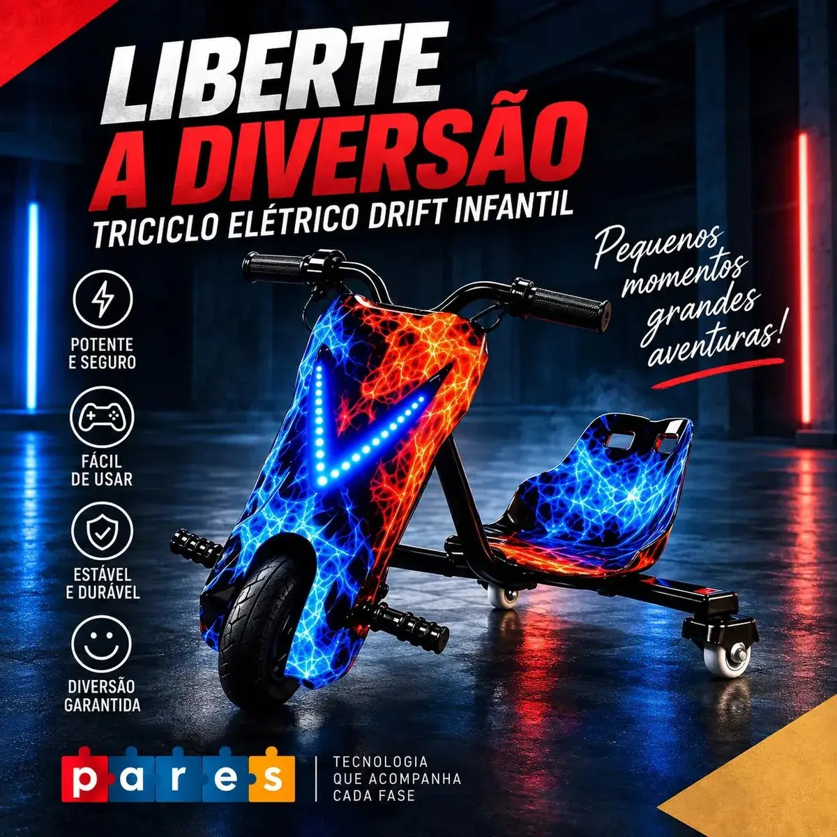 Patinete Elétrico Infantil Triciclo PARES Drift Bluetooth 3 Rodas Vermelho Diversão e Lazer + Kit de segurança - 1
