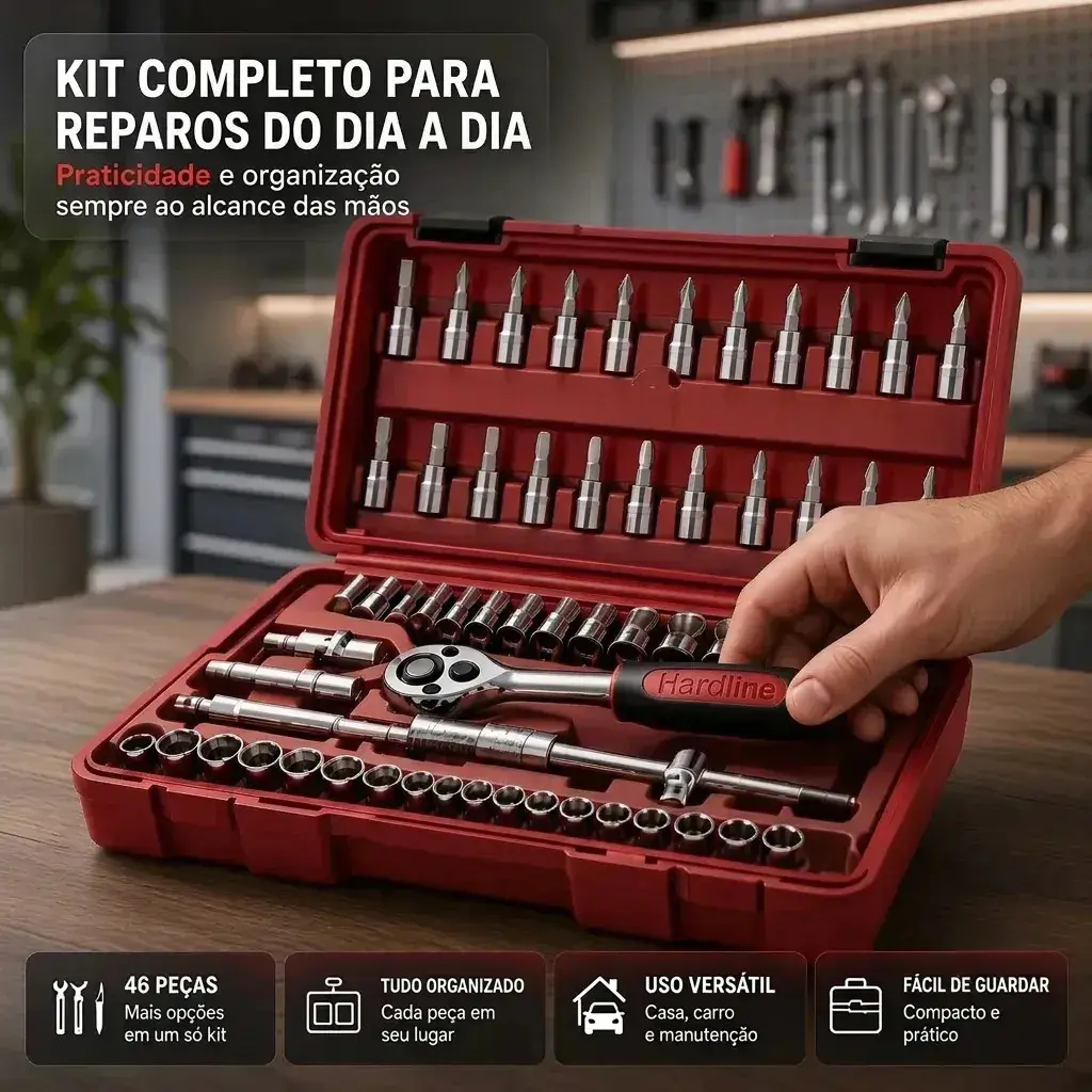 Kit Ferramentas 46 Peças Com Soquetes e Chaves Para Carro e Casa Hardline Vermelho thumbnail 2