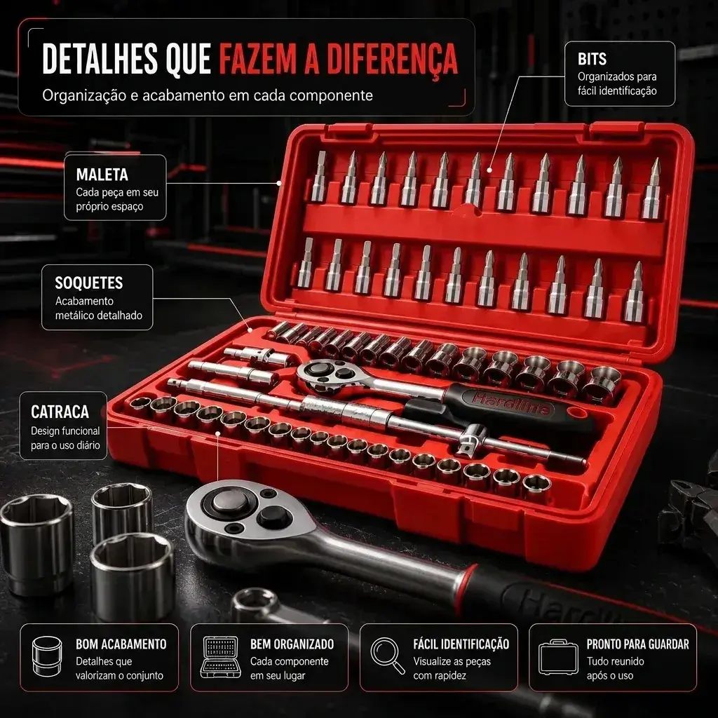 Kit Ferramentas 46 Peças Com Soquetes e Chaves Para Carro e Casa Hardline Vermelho thumbnail 4