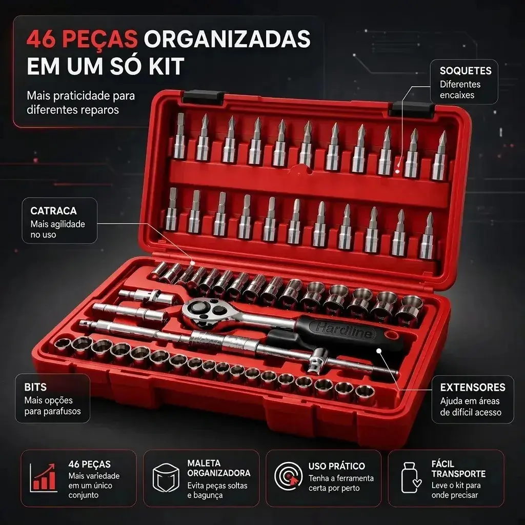 Kit Ferramentas 46 Peças Com Soquetes e Chaves Para Carro e Casa Hardline Vermelho thumbnail 5