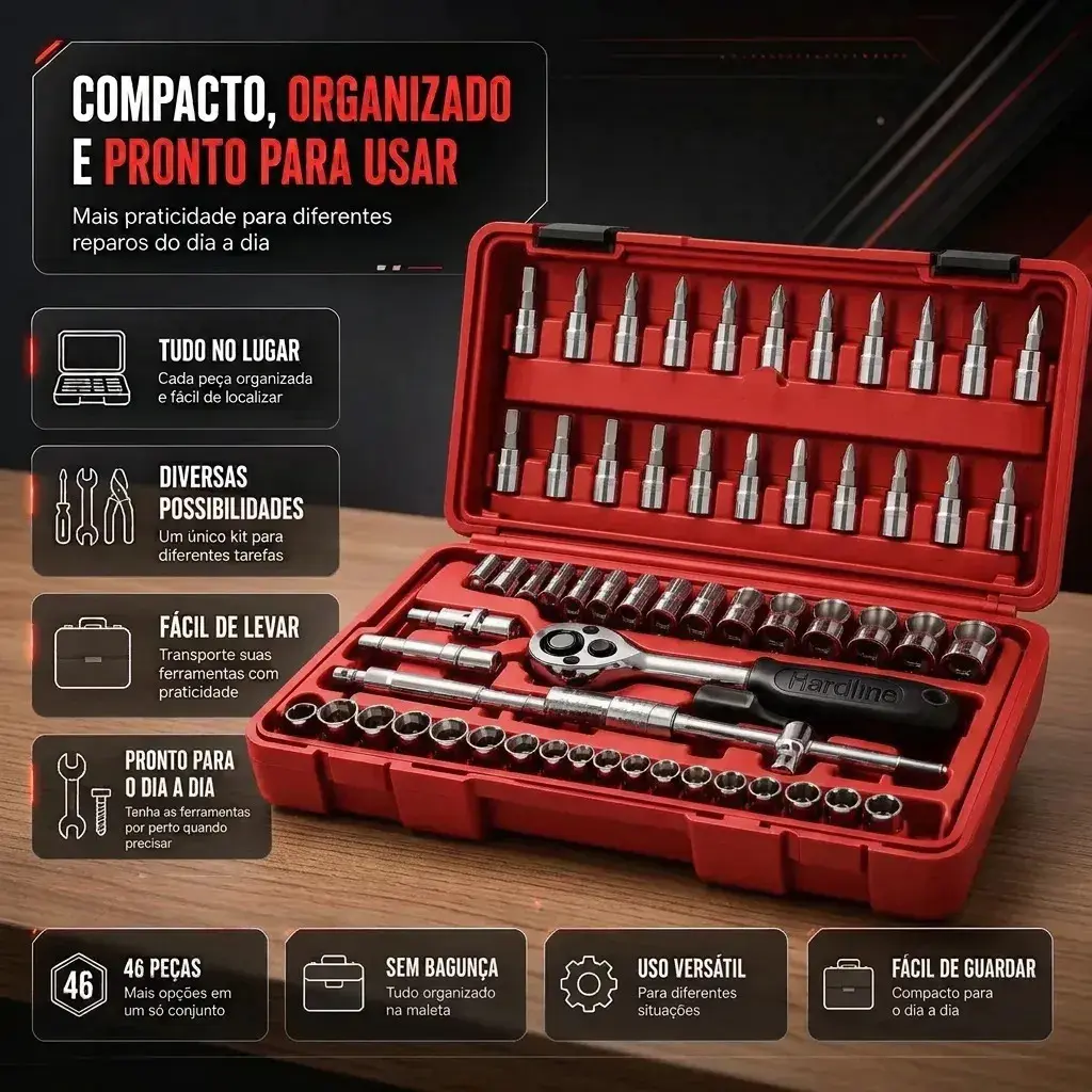 Kit Ferramentas 46 Peças Com Soquetes e Chaves Para Carro e Casa Hardline Vermelho thumbnail 6