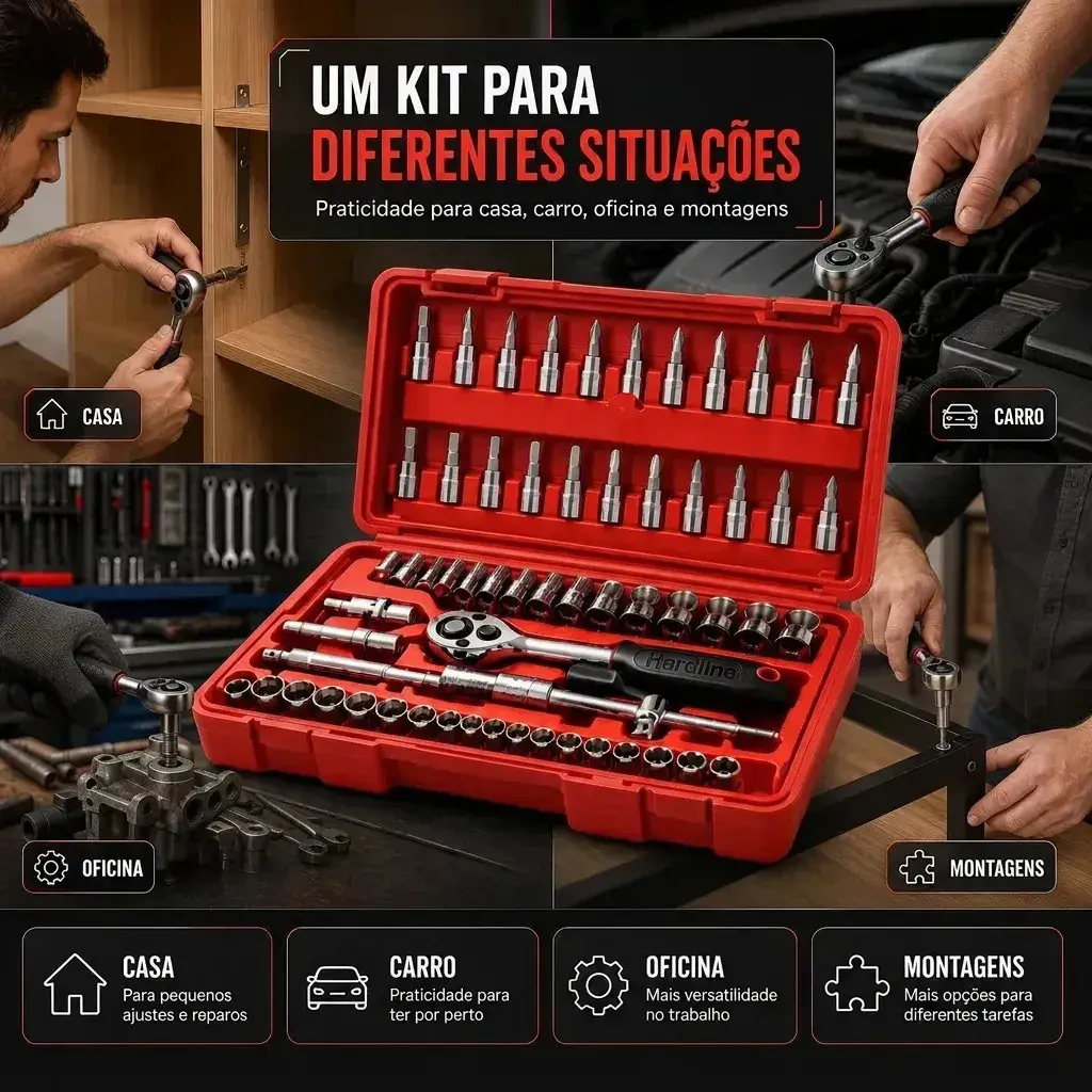 Kit Ferramentas 46 Peças Com Soquetes e Chaves Para Carro e Casa Hardline Vermelho thumbnail 7