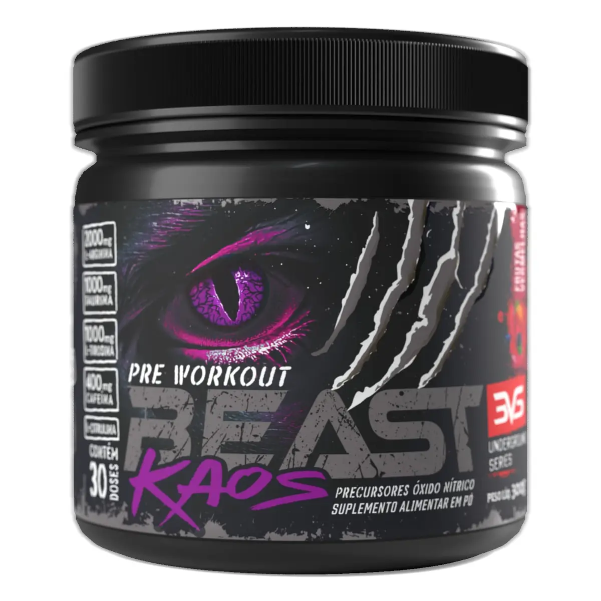 Pré-Treino Beast Kaos 3VS Nutrition 300gr Sabor Frutas Vermelhas | Com Citrulina, Beta Alanina, Cafeína, Arginina, Taurina e Tirosina