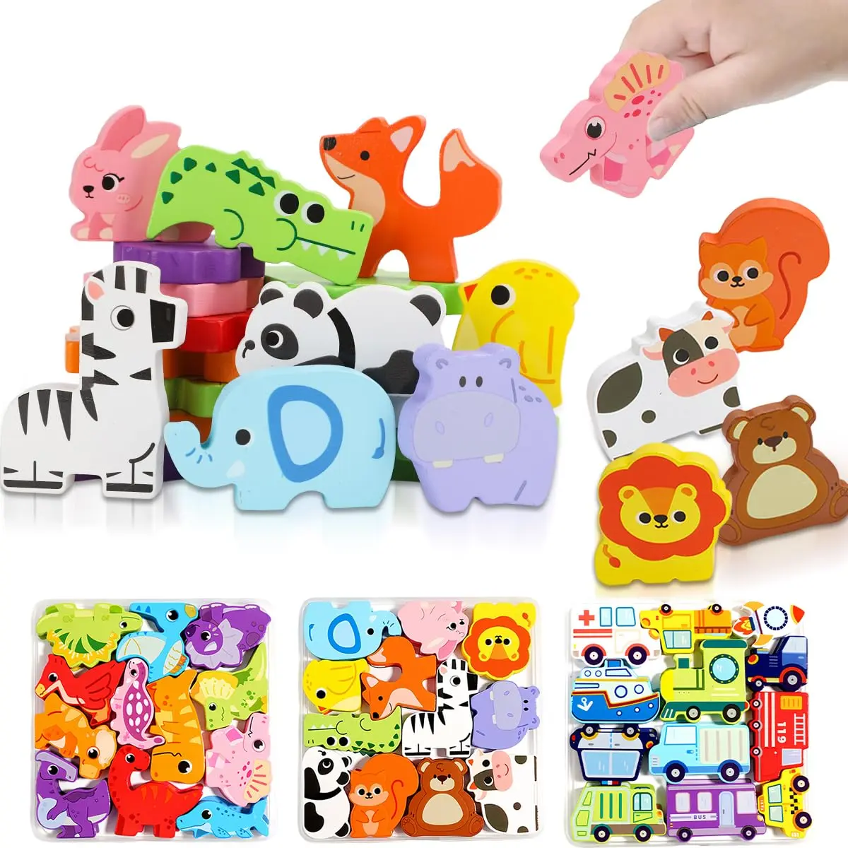 Brinquedos Educativos Montessori – Três Quebra-Cabeças com Temas Variados, Adequados para Crianças a Partir de 3 Anos
