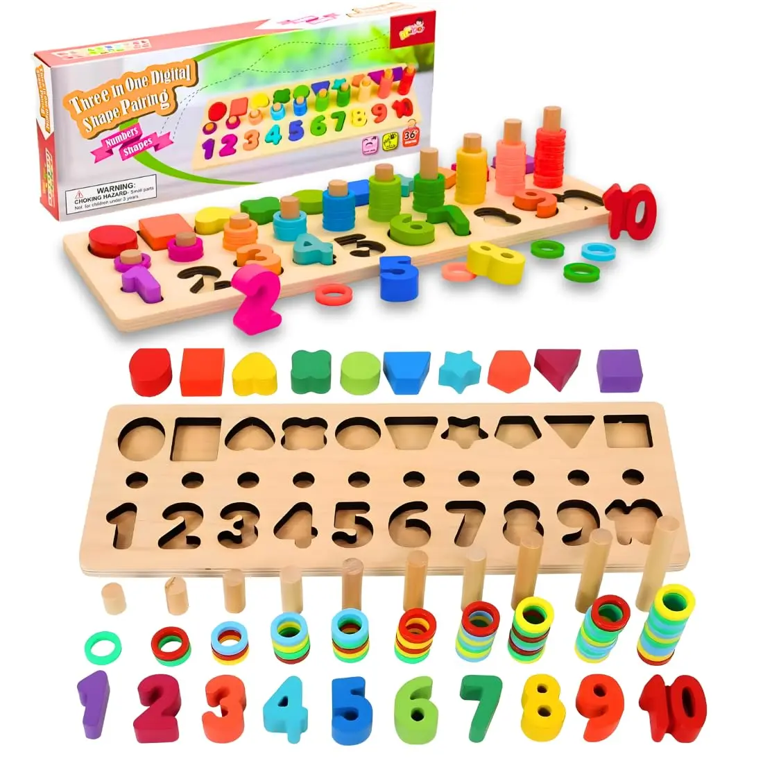 Tabuleiro de Números, Formas e Argolas Coloridas para Contagem, Encaixe e Aprendizado de Cores - Brinquedo Educativo de Madeira Infantil 3+