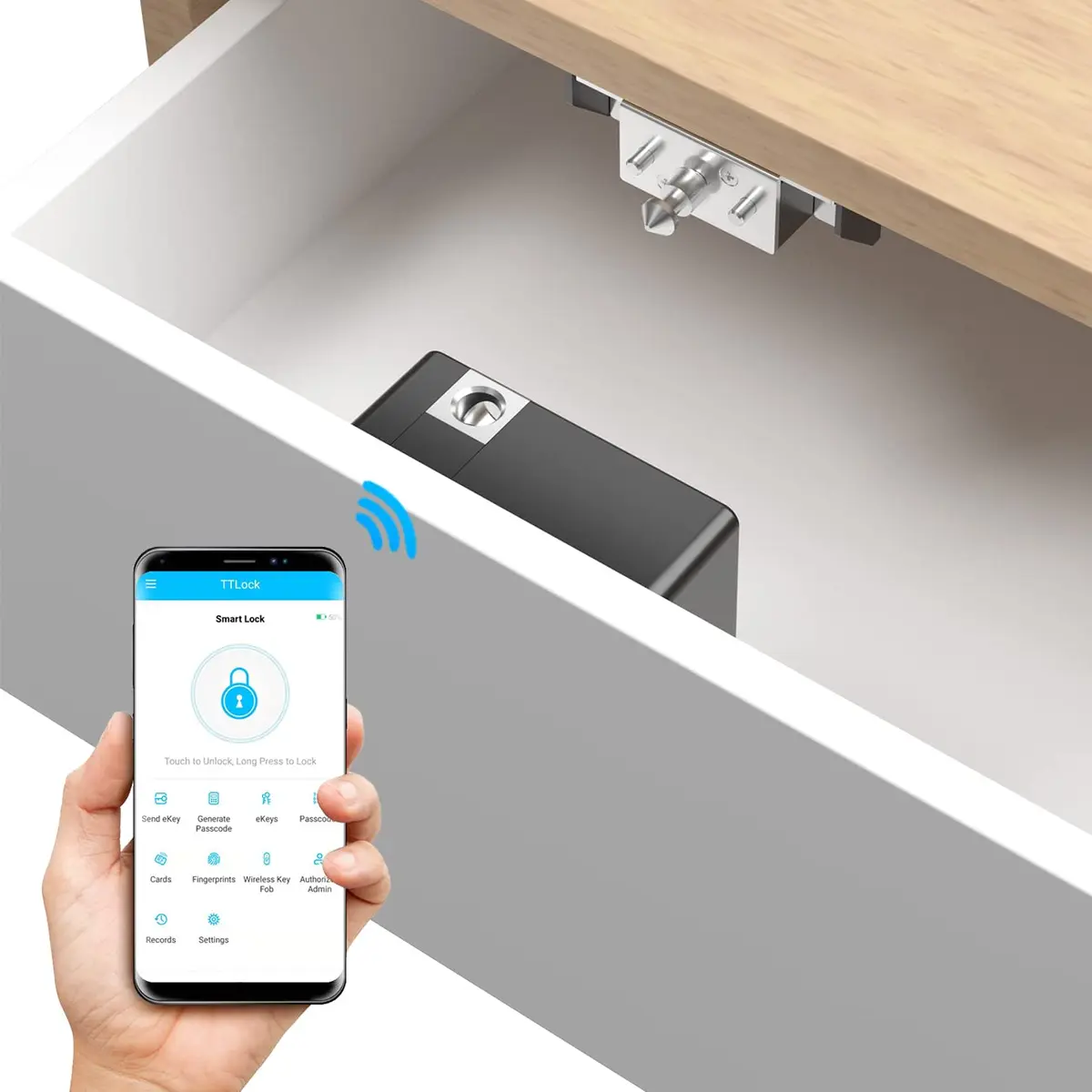 RIXIANG Trava de gaveta Bluetooth, TTlock funciona com Google Home e Alexa, fechaduras de armário inteligentes RFID oculto, para móveis de compartimento de armazenamento secreto, guarda-roupa de