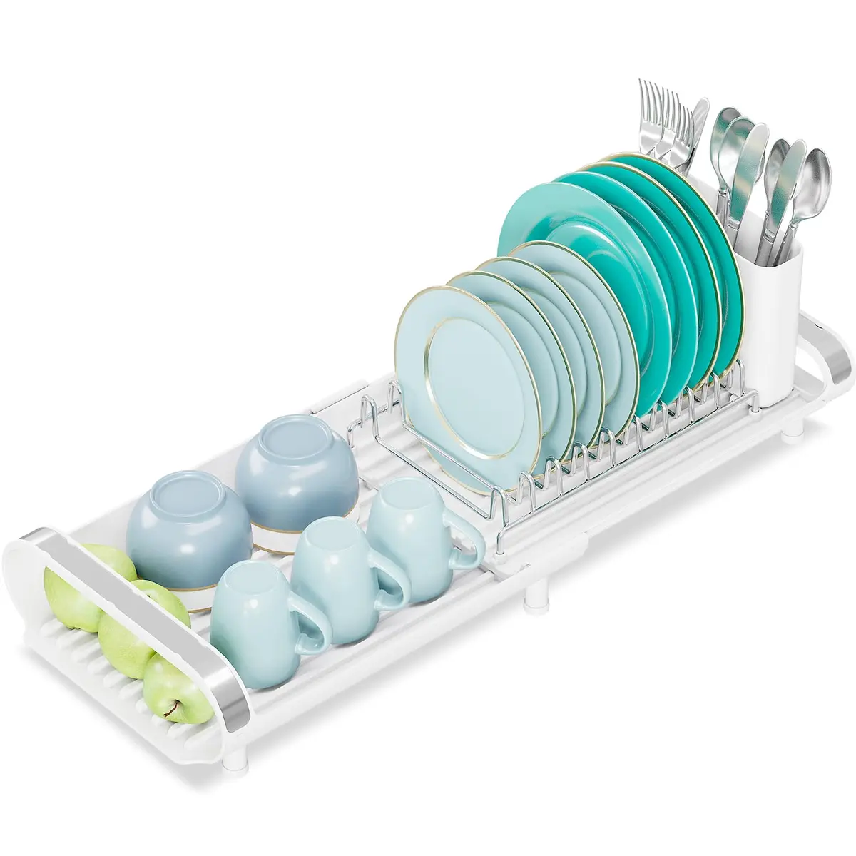 KINGRACK Escorredor de Pratos Expansível, Suporte em Aço Inoxidável, com Porta-Talheres Removível