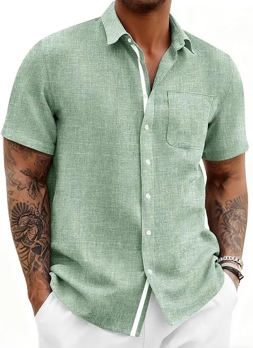 Runcati Camisa masculina de linho manga curta com botões | Verão casual, havaiano, cubano, guayabera, mexicano, sem calça, grande, alta, praia, trabalho de férias, vestido, casamento