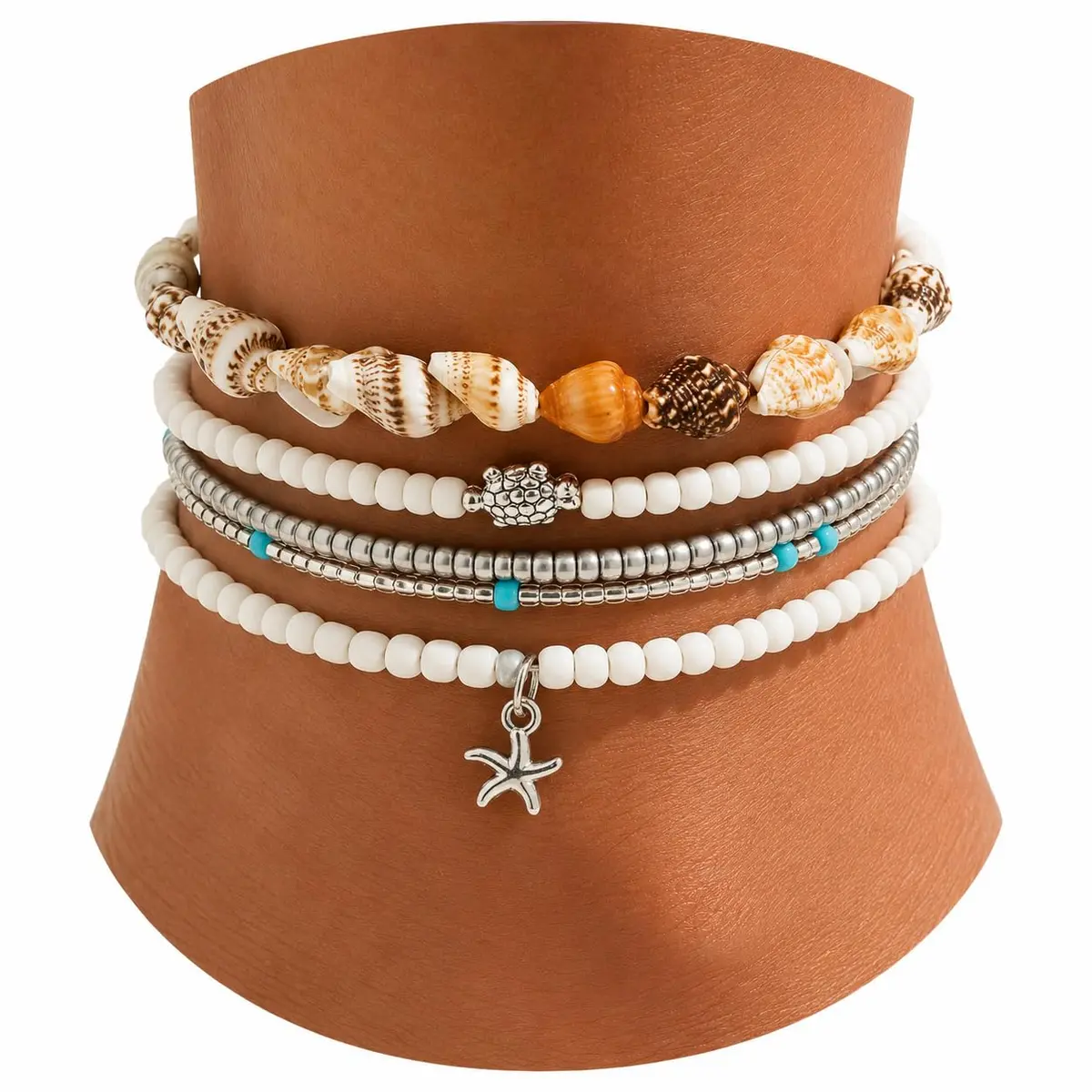 Kit 5 Tornozeleiras Femininas Boho Ajustáveis com Conchas, Miçangas e Pingente Estrela-do-Mar – Estilo Praia, Havaiano, Verão, Moda Casual, Liga Metálica e Contas Decorativas