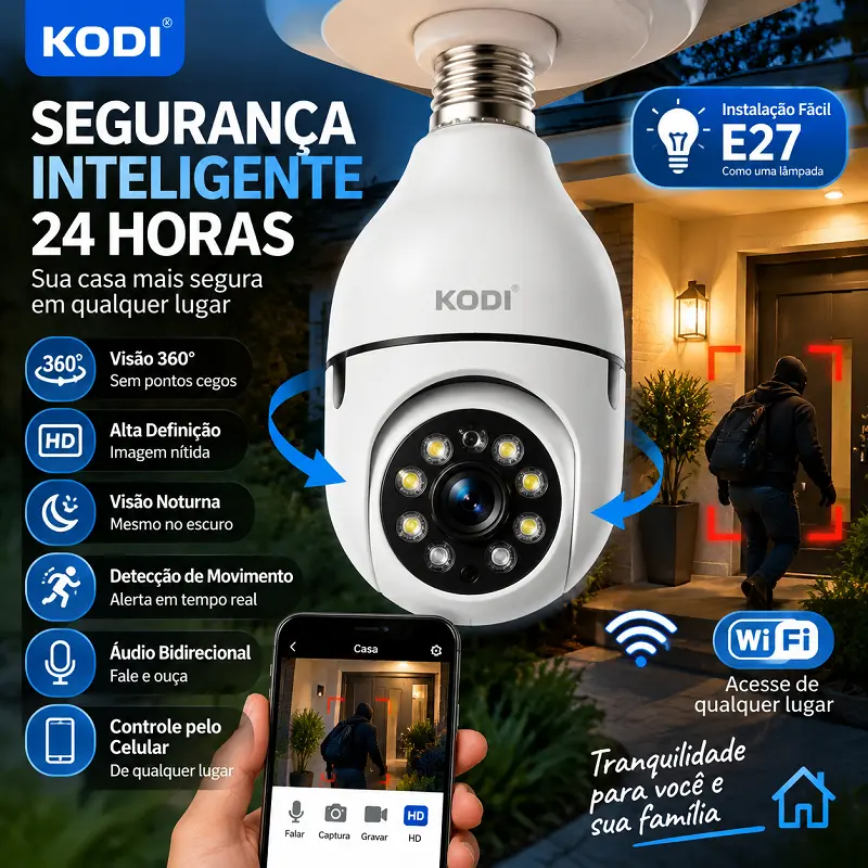 Câmera Segurança Prova D'água Infravermelho Lâmpada Externa 360 Sem Fio Wifi 2.4G