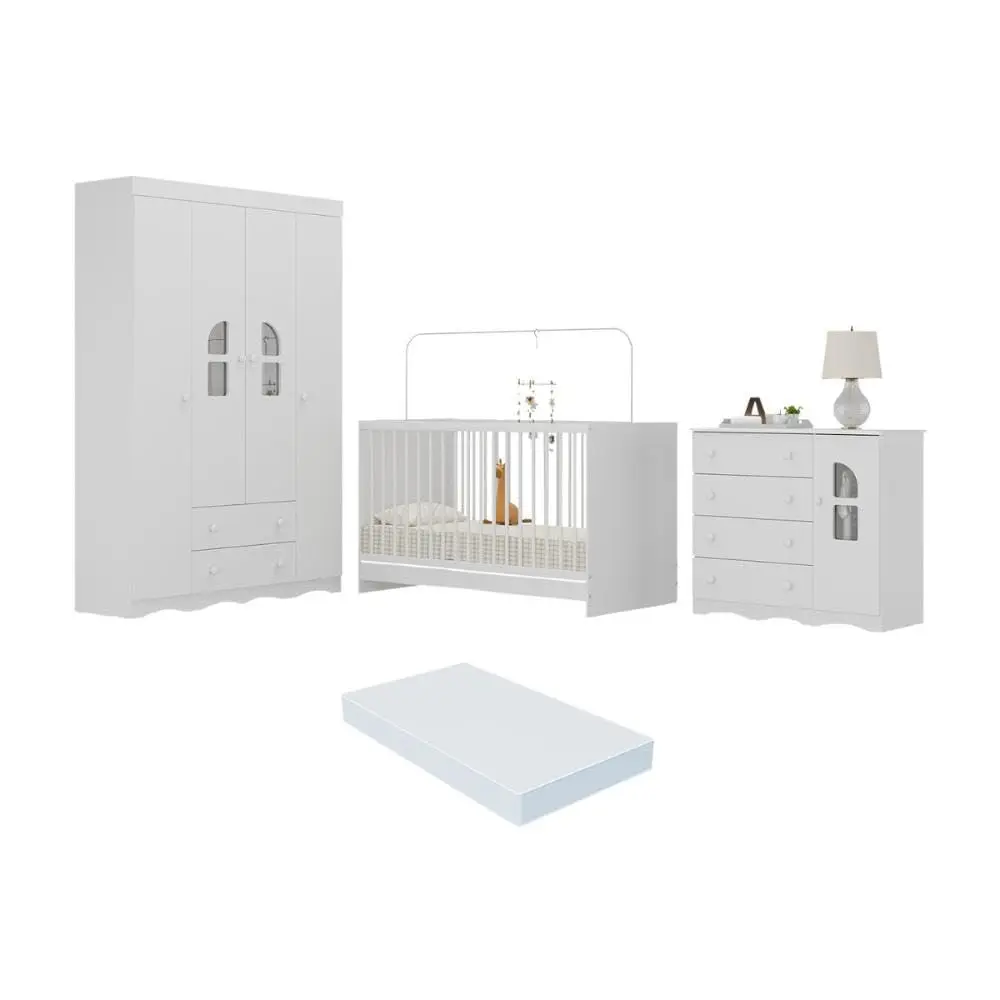 Quarto de Bebê Completo com Berço 3 em 1 com Colchão Incluso Liz Multimóveis Mp4567 Branco