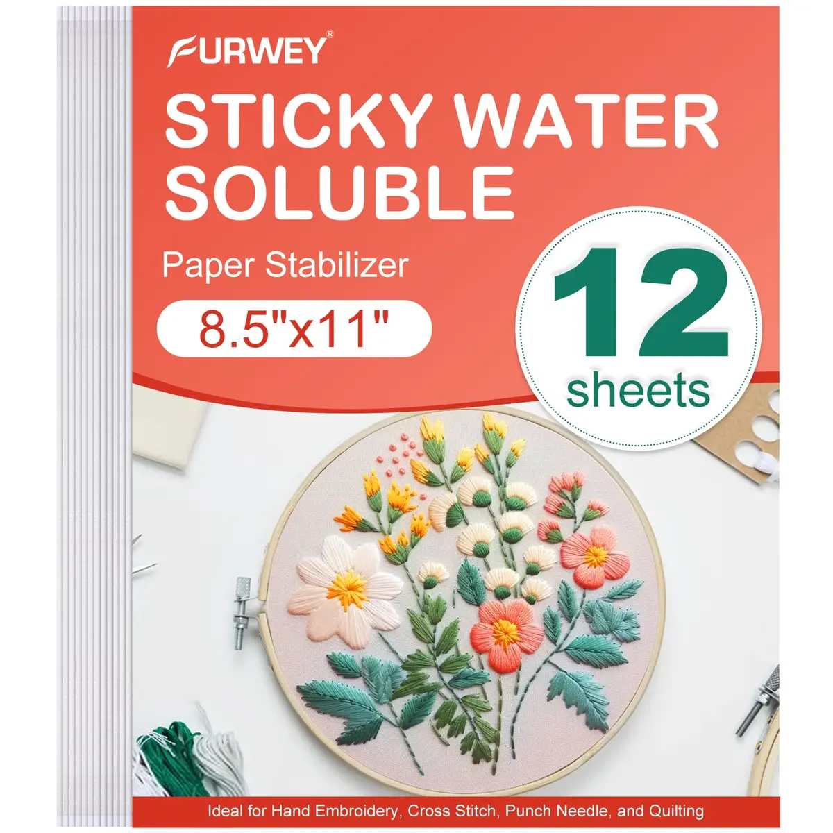 FURWEY Estabilizador de bordado lavável de 21,6 cm x 28 cm - autoadesivo e imprimível, papel solúvel em água para uso manual e na máquina