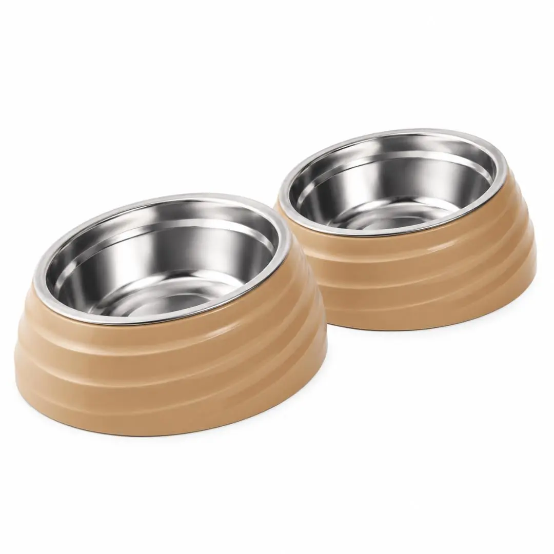 Kit 2 Comedouros para Gatos Marrom 400ml com Cuba Inox Removível | Base em PP, 19 x 14 x 9 cm, Tigela Removível, Tons Pastel, Para Gatos