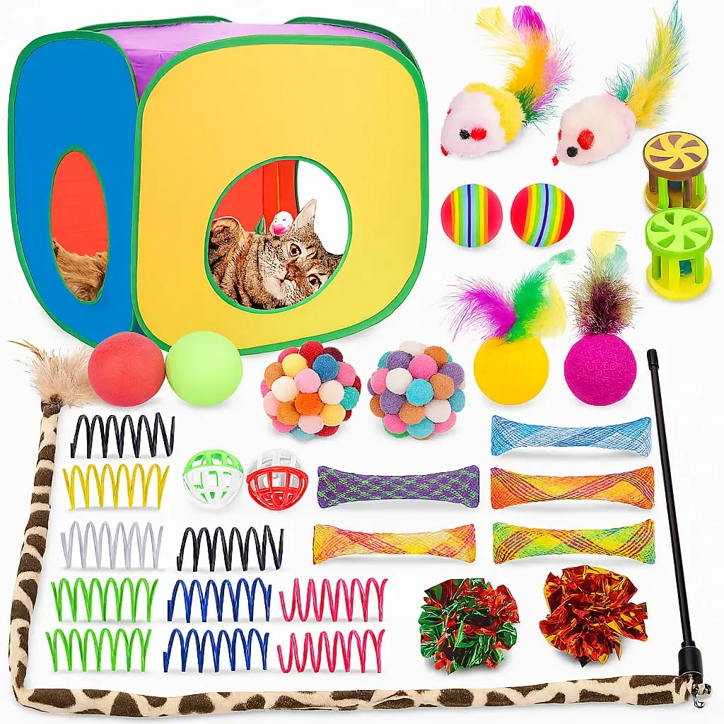Kit Interativo 33 Brinquedos para Gatos com Túnel Dobrável, Ratinhos, Bolas e Varinha com Penas – Estímulo e Diversão Completa para Gatos Pequenos e Grandes (Para gatos maiores de 5,44kg)