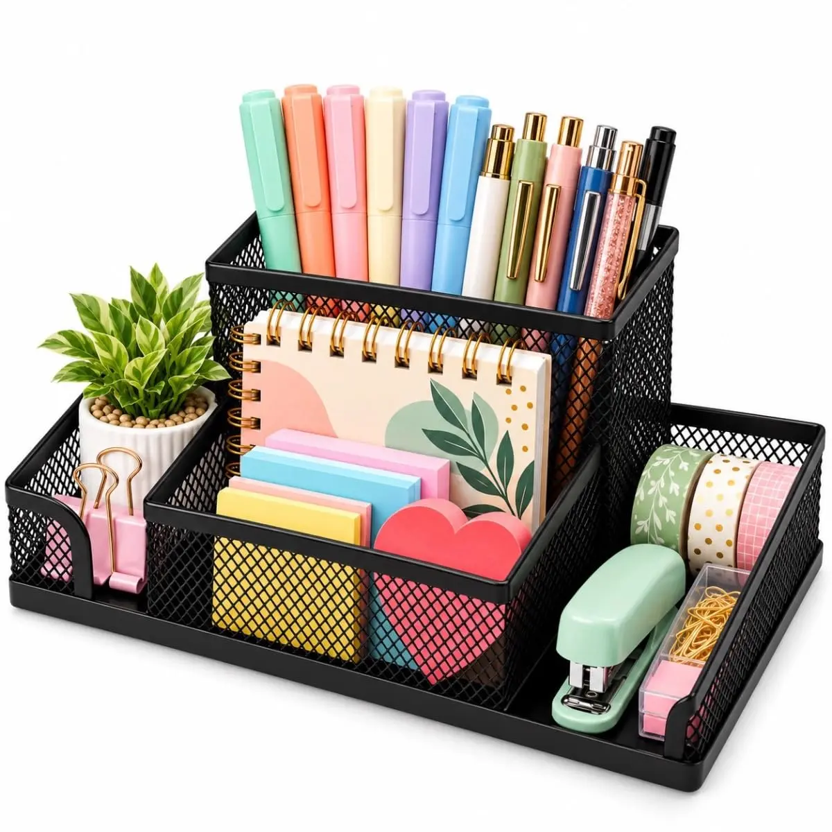 Porta Canetas Escritório Organizador 4 em 1 em Metal Telado Preto Luxo | 4 Divisórias, Organização, Ideal para Escritório Estudos Escolas Home Office, Organizar Lápis Papelaria - Porta Trecos