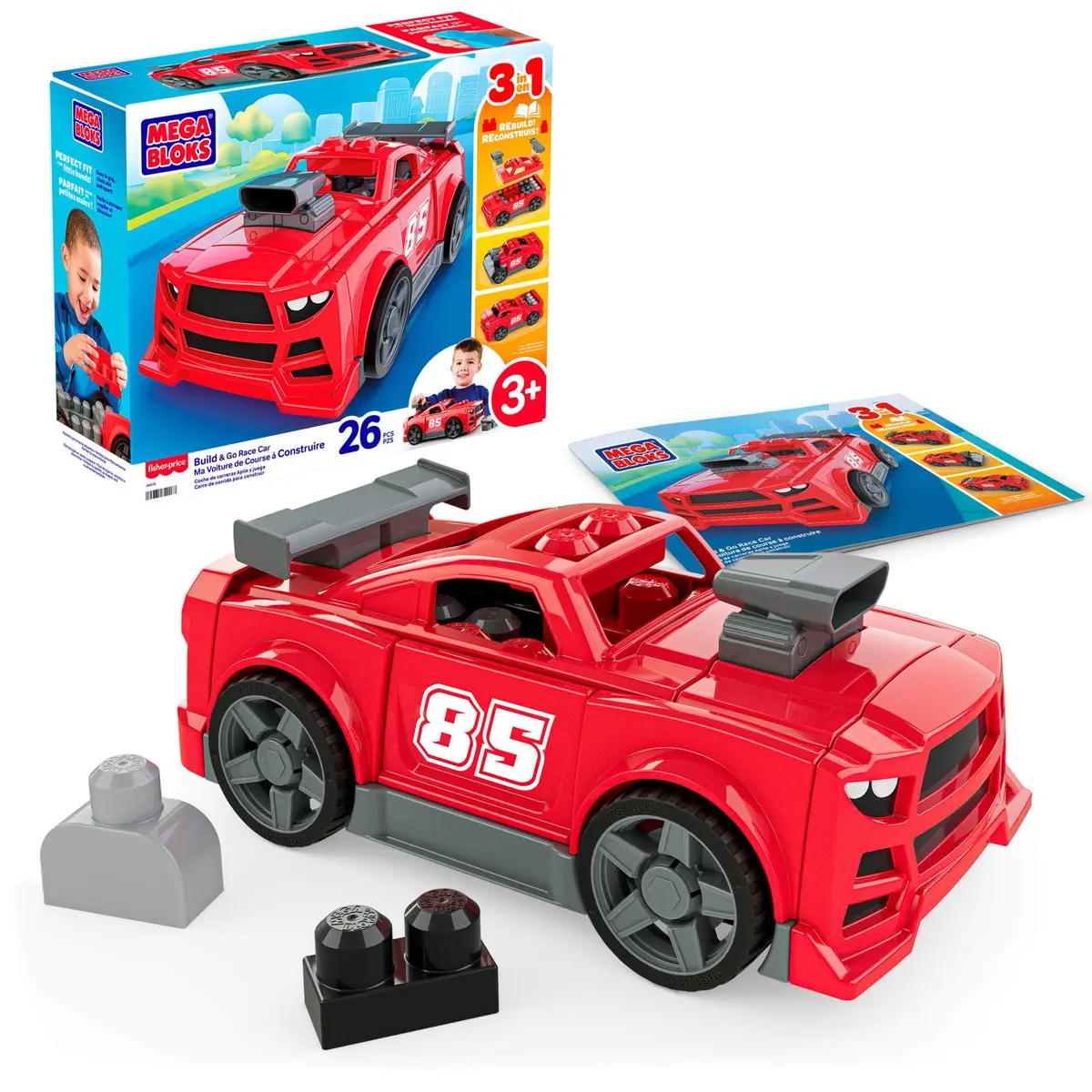 Kit Construção 3 em 1 Carro Monte e Acelere Mega Bloks Mattel. Peças