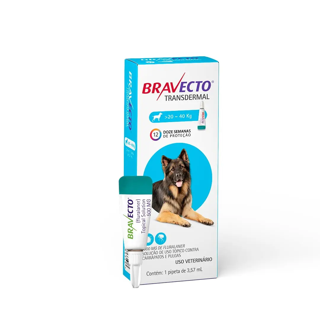Bravecto® Cães Transdermal 1000mg - Antipulgas e Carrapatos - Cães de 20 a 40kg - 1 Pipeta 3,57ml - MSD Saúde Animal