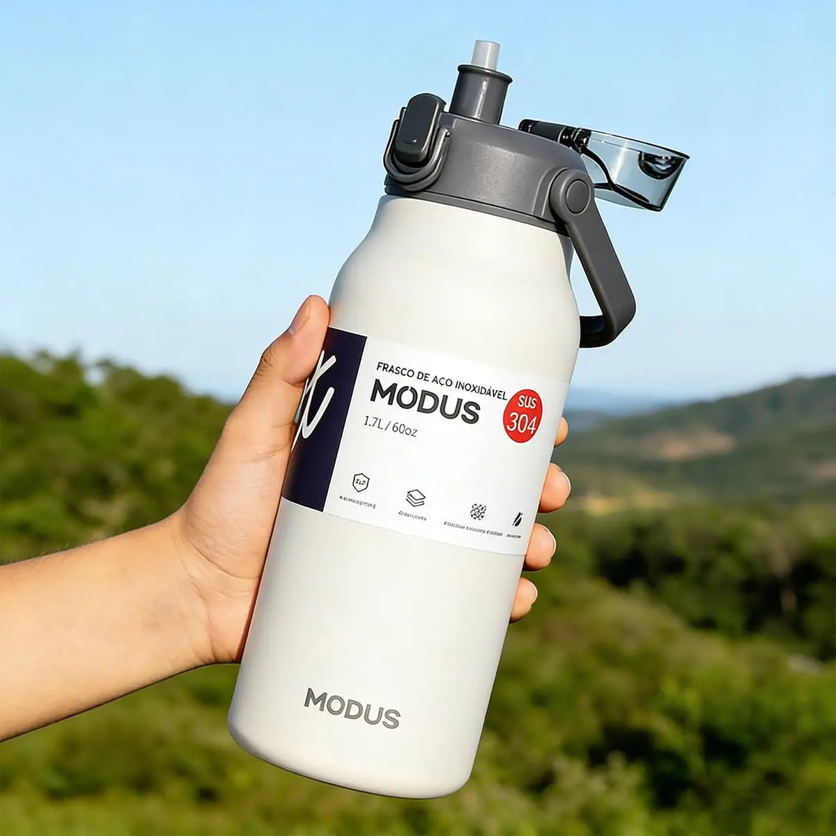 Garrafa Térmica 1,7L Aço Inox com Alça Larga, Canudo e Base de Silicone | para Acampamento e Trilhas (Branco)