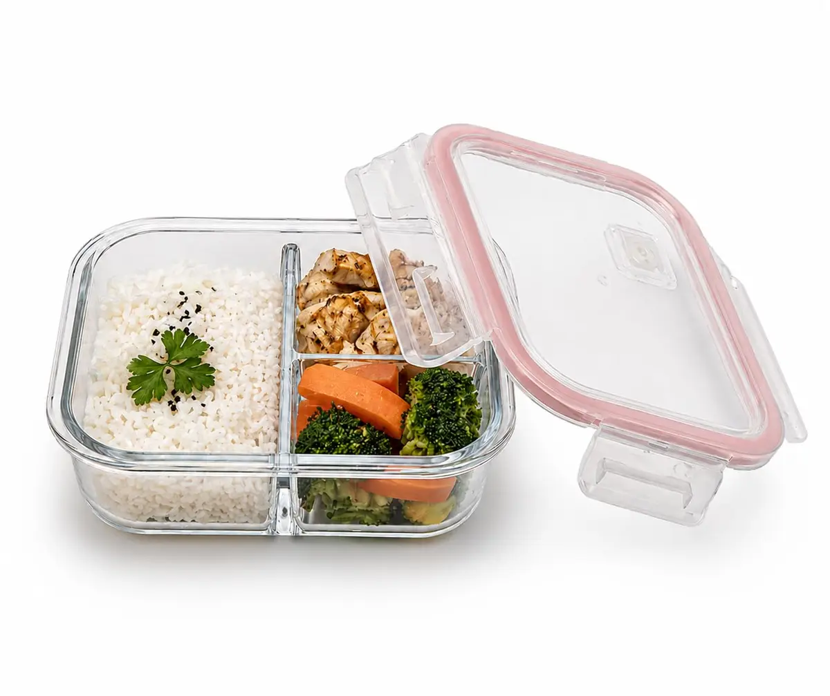 Marmita de Vidro 1000ml com 3 Divisórias Hermética Tampa com Silicone e Válvula, Pote Retangular Resistente Forno Micro-ondas Freezer BPA Free Empilhável (Vermelho) - 1