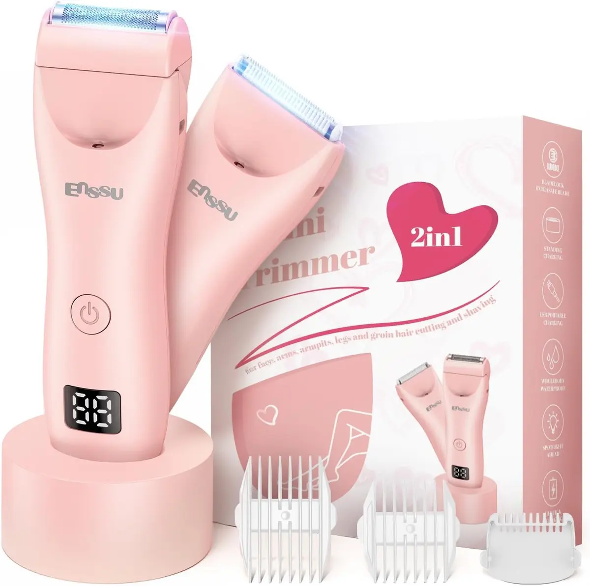 Enssu Aparador De Pelos Intimos Femininos 2 em 1 com Lâmina de Segurança | Depilador Elétrico Feminino para Corpo e Virilha, Aparador de Pelos Feminino IPX7 à Prova d'Água, Luz LED, Recarregavel
