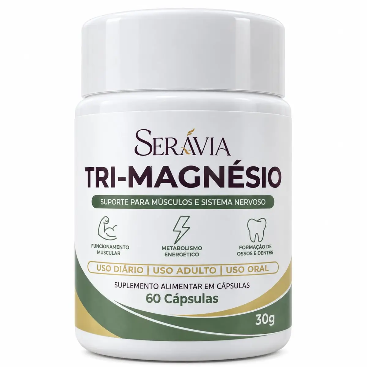 Serávia Tri-Magnésio Bisglicinato Quelato Malato 260mg (1 Frasco - 60 CAP) | 30 Doses por Frasco, Sem Glúten, Auxilia no Funcionamento Muscular, no Metabolismo Energético e na Formação de Ossos e Dentes