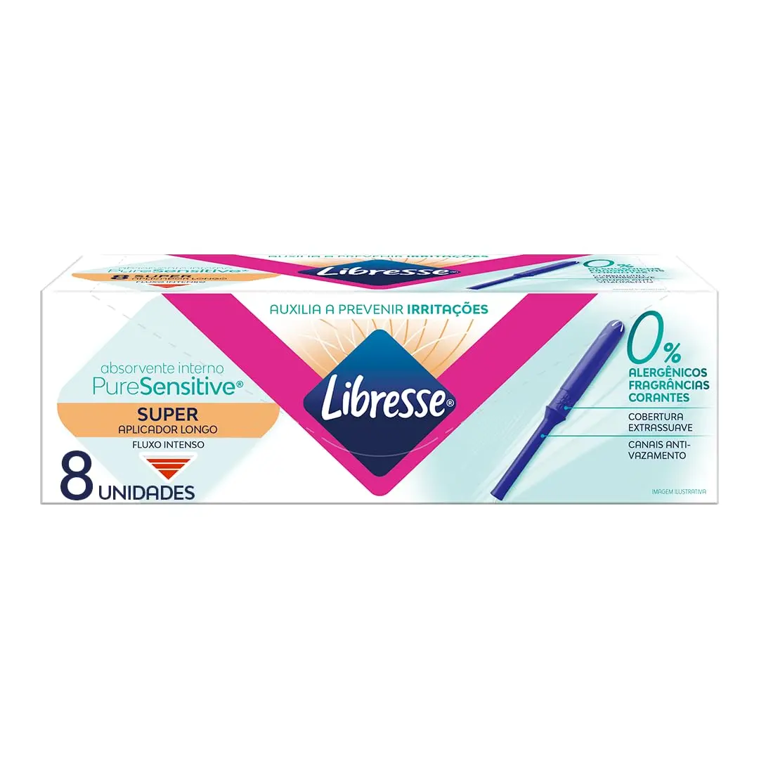 Absorvente Interno com Aplicador Libresse, Super, 8 Unidades | Pure Sensitive, Aplicador Longo, Absorção de 12 a 15 gramas, Fluxo Intenso