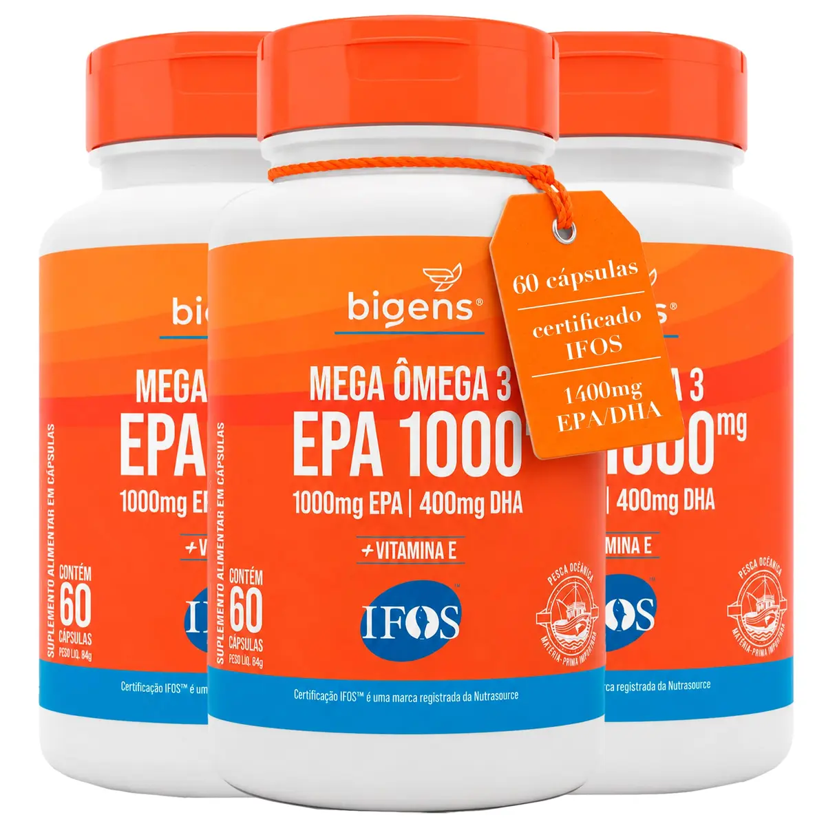 Mega Omega 3, EPA 1000mg - DHA 400mg, com vitamina E, Certificado Meg-3, 60 cápsulas, Bigens (KIT 3X)