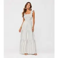 Vestido Midi Feminino Listrado Com Lastex Aishty Cinza