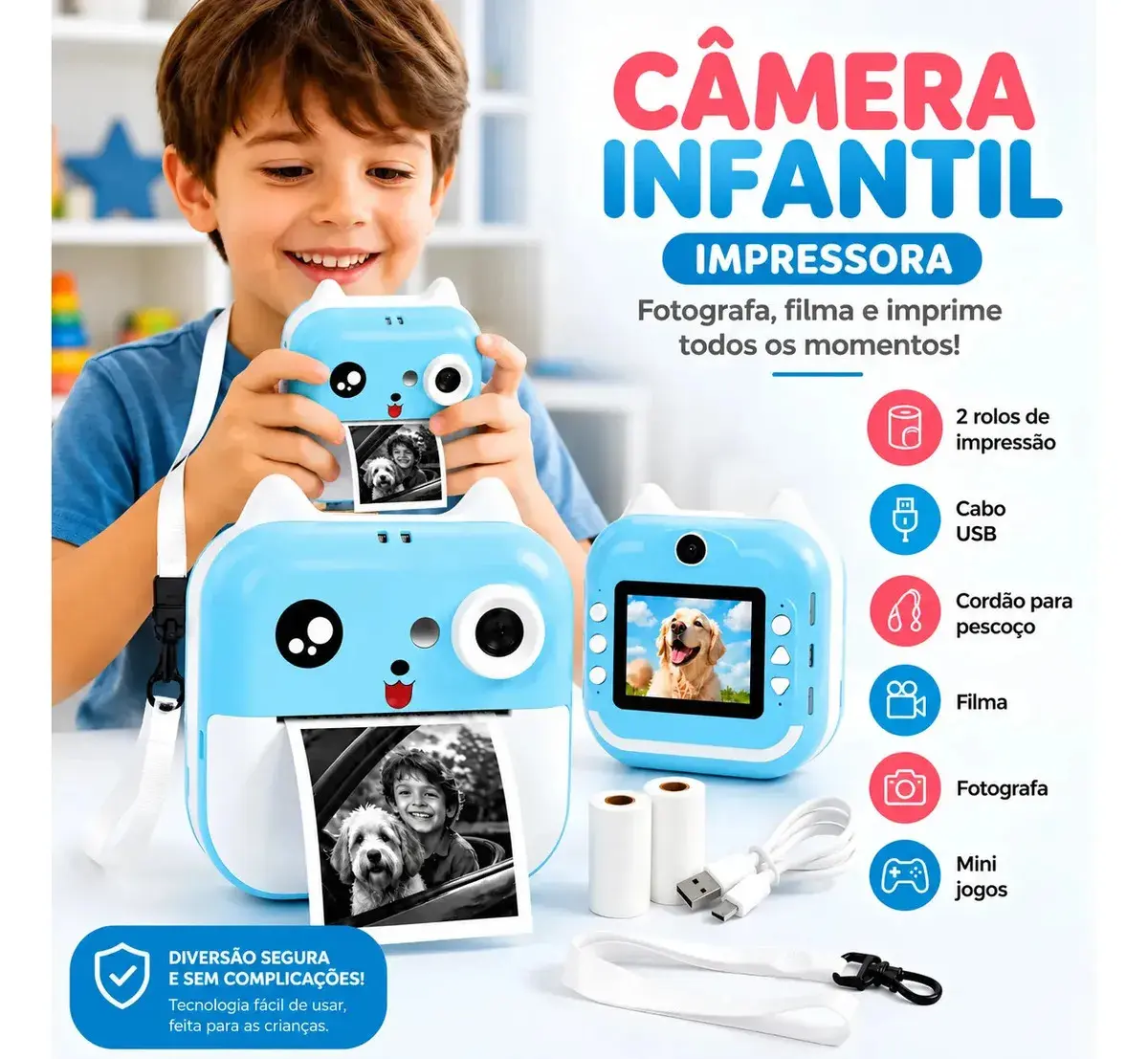 Câmera Digital Infantil Impressão Instantânea Dorama Foto Polaroid Grava vídeos Jogos interativos Azul Remx Shop