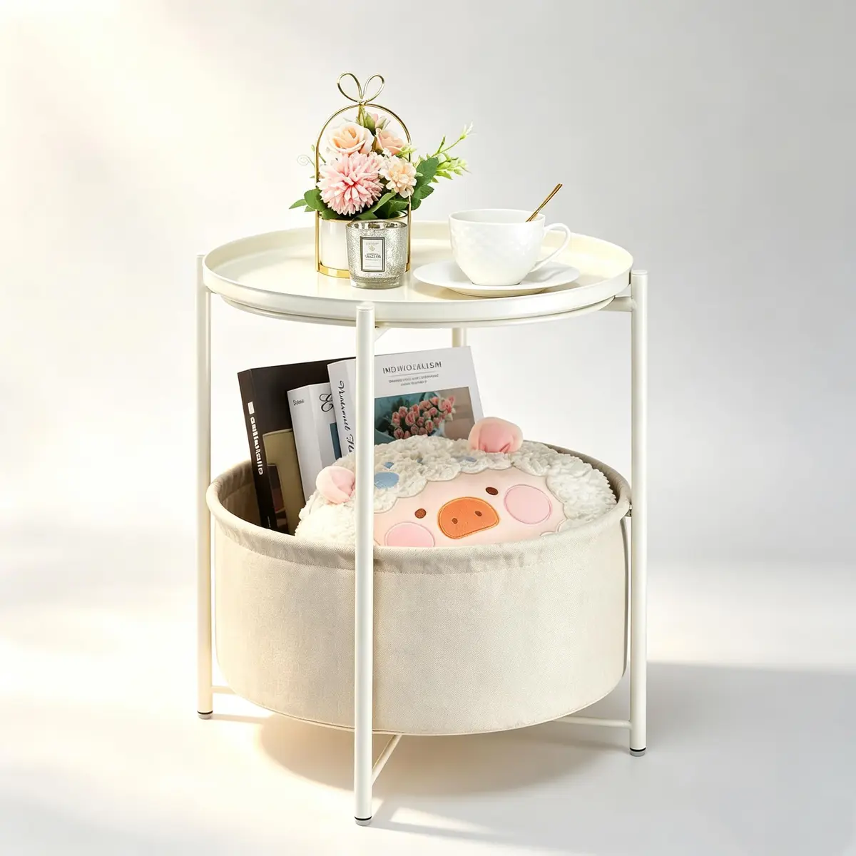 Mesa lateral redonda com cesta organizadora, mesa de cabeceira e de centro | Pequeno suporte de metal para espaços reduzidos, mesa de cabeceira moderna com bandeja, para sala de estar, quarto