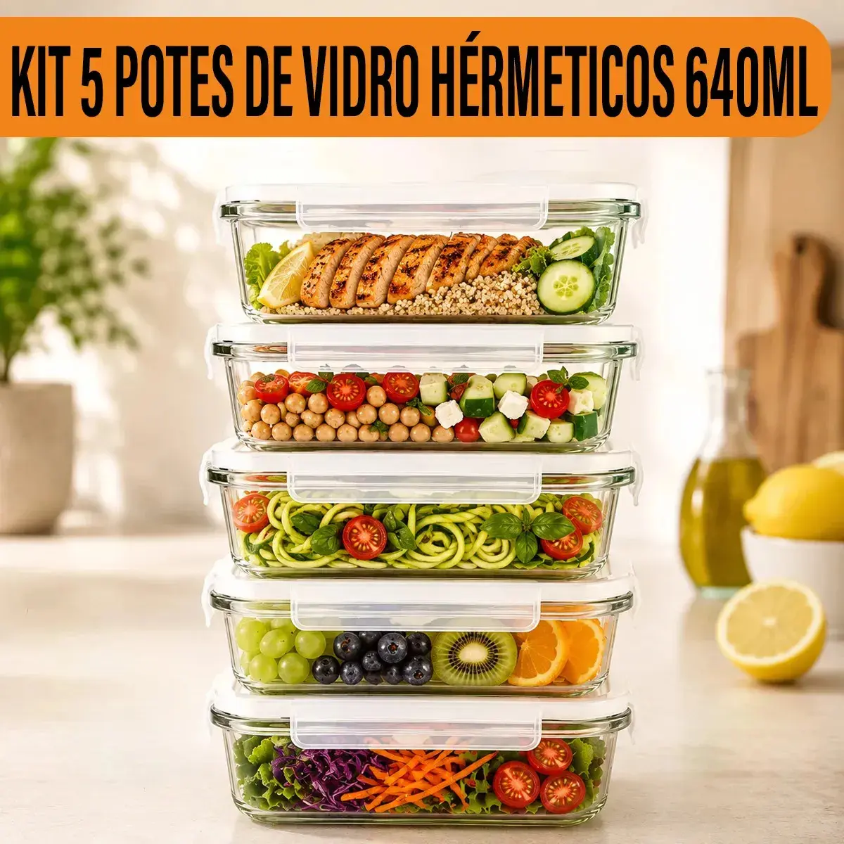 Yab - Kit 5 Potes De Vidro Marmita C/ Tampa Hermético 640ml Retangular 4 Travas Borossilicato Alimentos Micro-ondas Freezer Geladeira