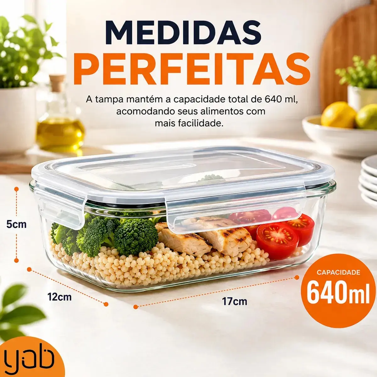 Yab - Kit 5 Potes De Vidro Marmita C/ Tampa Hermético 640ml Retangular 4 Travas Borossilicato Alimentos Micro-ondas Freezer Geladeira thumbnail 2