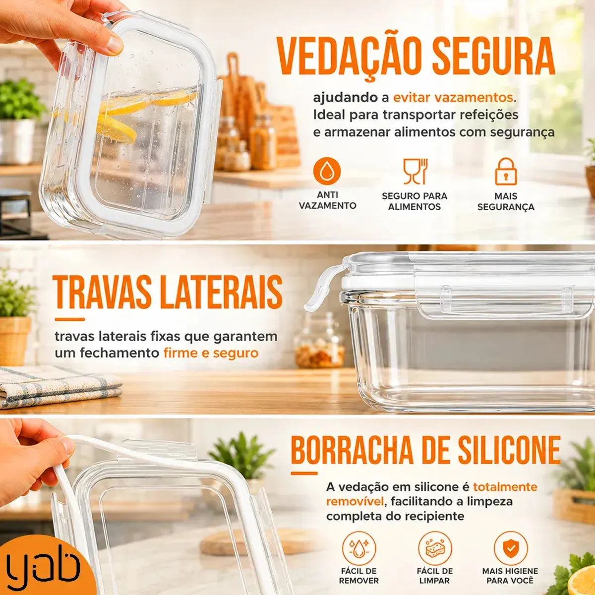 Yab - Kit 5 Potes De Vidro Marmita C/ Tampa Hermético 640ml Retangular 4 Travas Borossilicato Alimentos Micro-ondas Freezer Geladeira thumbnail 3