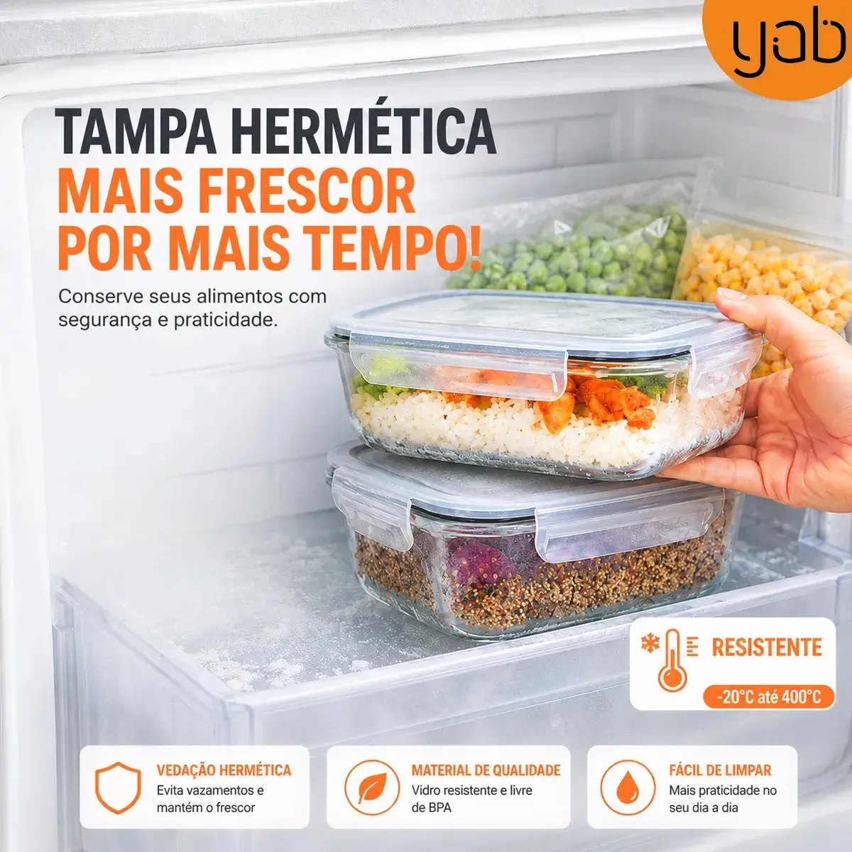 Yab - Kit 5 Potes De Vidro Marmita C/ Tampa Hermético 640ml Retangular 4 Travas Borossilicato Alimentos Micro-ondas Freezer Geladeira thumbnail 5