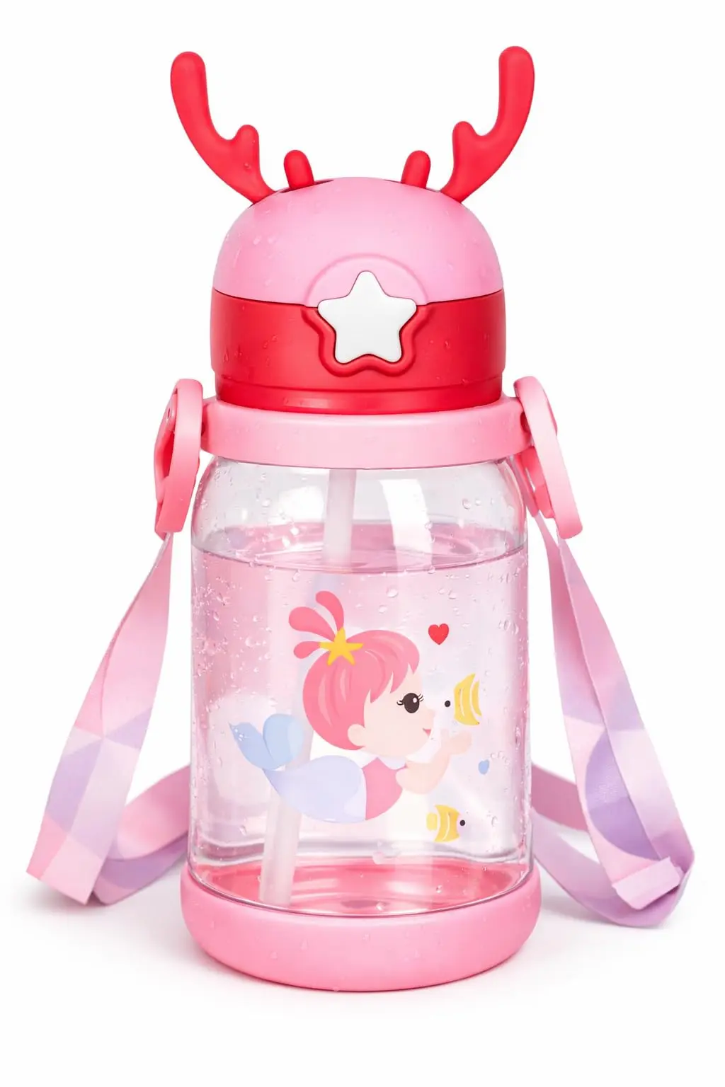 Garrafa Alce com Canudo e Alça de Transporte 600ml Antivazamento Squeeze com Tampa de Botão, Garrafinha Portátil para Escola, Passeios, Viagens e Uso Diário (Rosa)
