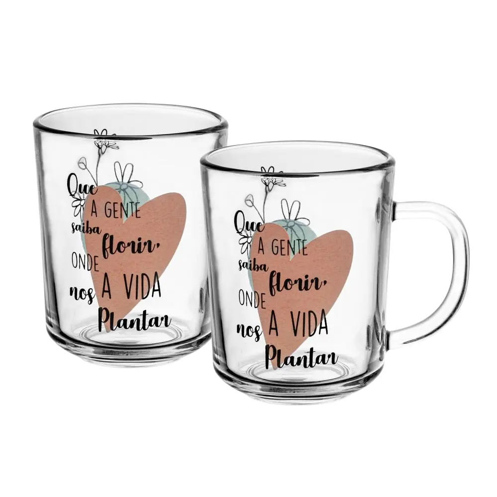 LYOR - Conjunto 2 Canecas em Vidro para Café com Frase ''Saiba Florir'' - Capacidade 220ml