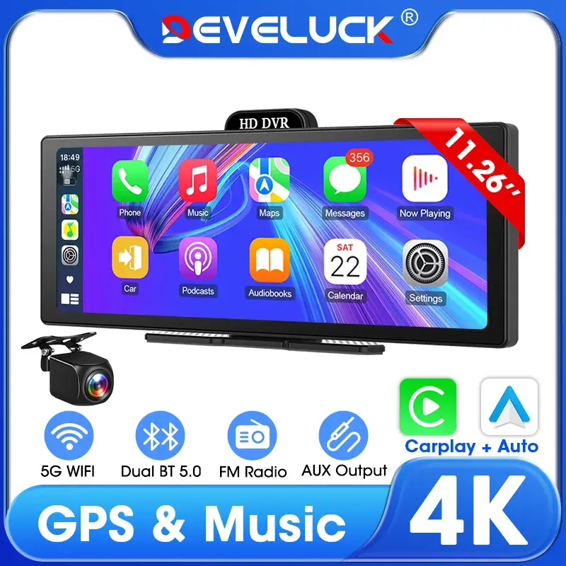 Develuck novo 11.26 ''4k carro dvr sem fio carplay android auto multimídia player ips tela de toque bluetooth gravador vídeo fm aux