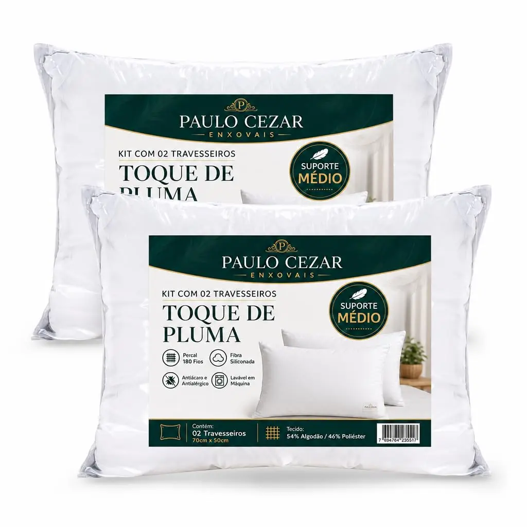 Kit 02 Travesseiro Toque de Pluma Premium Percal Antialérgico 50x70cm Hotel | Kit Travesseiros Lavável, Antiácaro, Percal com Algodão, Toque Pena Ganso - 1