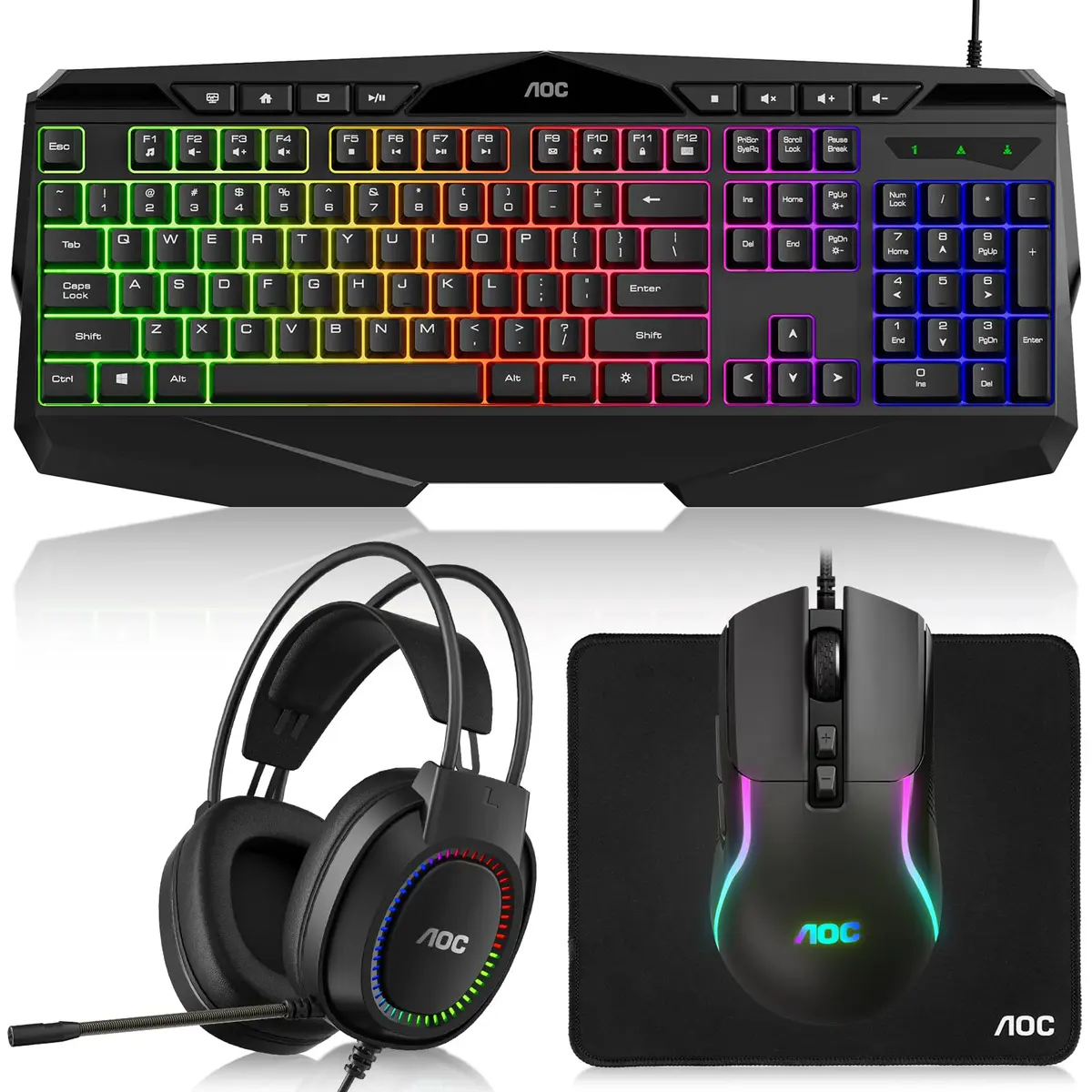 Kit Teclado e Mouse Gamer RGB LED AOC C200, Mouse de 7200 DPI | Pacote Gamer com Teclado, Mousepad, Mouse e Headset Gamer com Luzes LED, Conjunto 4 em 1, Ideal para Jogos e Digitação