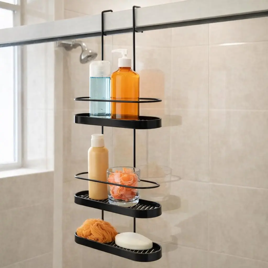 Organizador de Box para Banheiro 3 Andares, Porta Shampoo Sem Furo para Pendurar no Box, Suporte Multiuso em Aço(Preto)