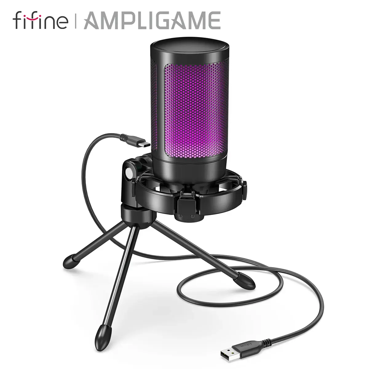 AmpliGame by FIFINE RGB USB Gaming Microphone com luz sensível ao toque mudo, microfone condensador com tripé para PC, PS4/5, laptop Streaming-A2 - 1
